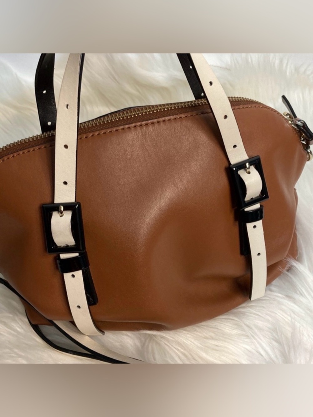 Kate Spade Brown Leather Bag with White Strap Accents - Picture 5 of 7